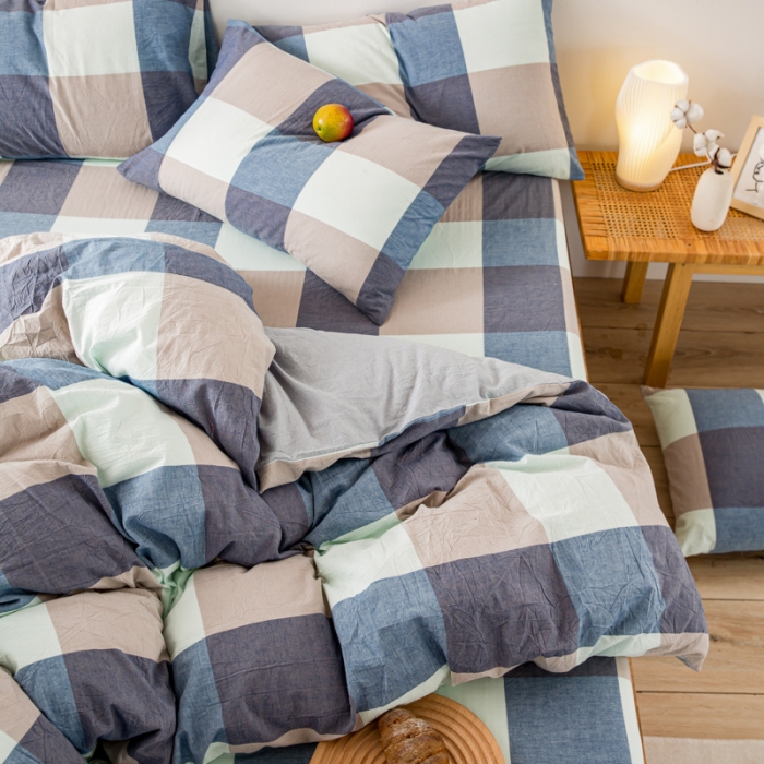 91家纺网 家纺一手货源 找家纺 九沐良品 新款A类色织水洗棉四件套 米棕丈青格