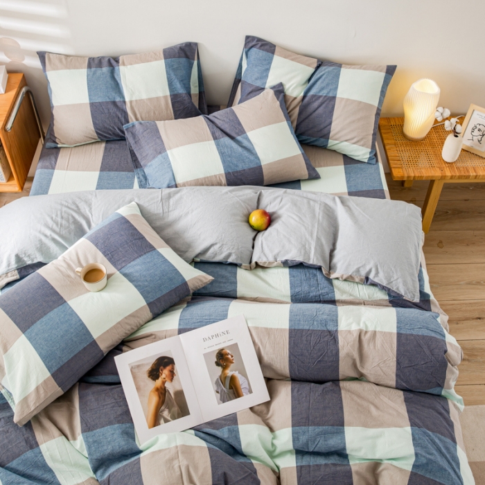 91家纺网 家纺一手货源 找家纺 九沐良品 新款A类色织水洗棉四件套 米棕丈青格