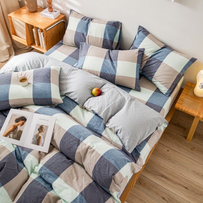 91家纺网 家纺一手货源 找家纺 九沐良品 新款A类色织水洗棉四件套 米棕丈青格