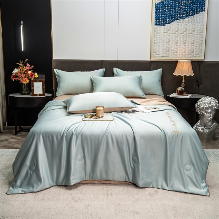 91家纺网 家纺一手货源 找家纺 骏腾2023新款水洗冰丝夏被-终板山茶花5夏被套件 山茶-水绿