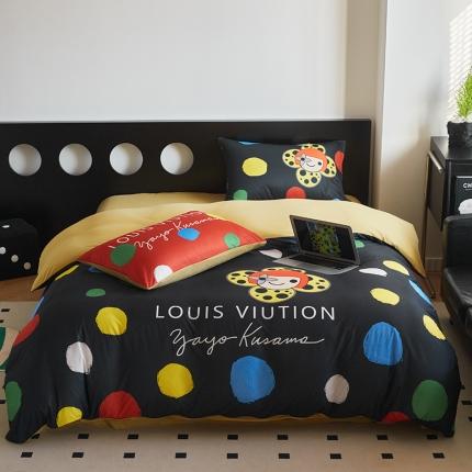 花沐2023新款全棉针织棉四件套 波点黑