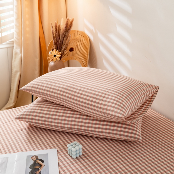 91家纺网 家纺一手货源 找家纺 九沐良品 新款A类色织水洗棉四件套-单品枕套 粉小格