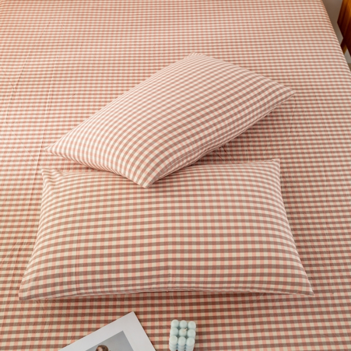 91家纺网 家纺一手货源 找家纺 九沐良品 新款A类色织水洗棉四件套-单品枕套 粉小格