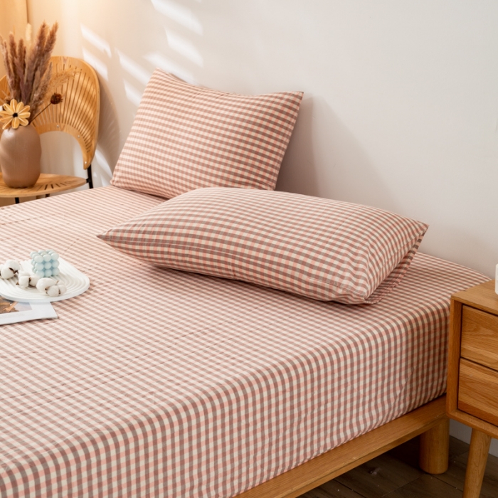 91家纺网 家纺一手货源 找家纺 九沐良品 新款A类色织水洗棉四件套-单品枕套 粉小格