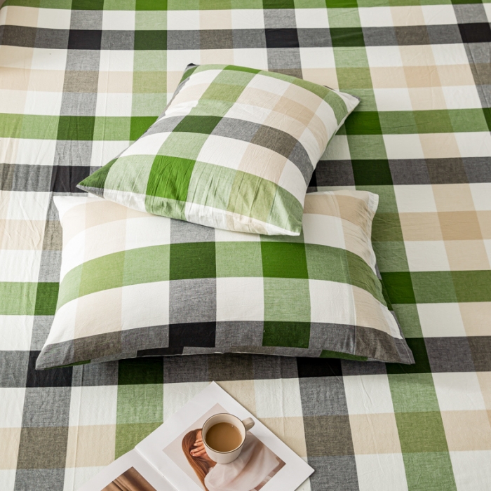 91家纺网 家纺一手货源 找家纺 九沐良品 新款A类色织水洗棉四件套-单品枕套 海青鲜绿格