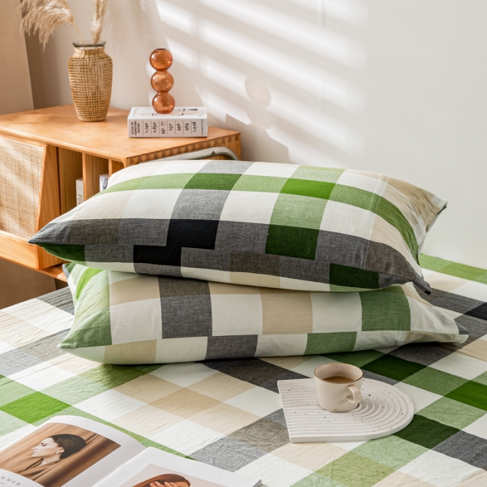 91家纺网 家纺一手货源 找家纺 九沐良品 新款A类色织水洗棉四件套-单品枕套 海青鲜绿格