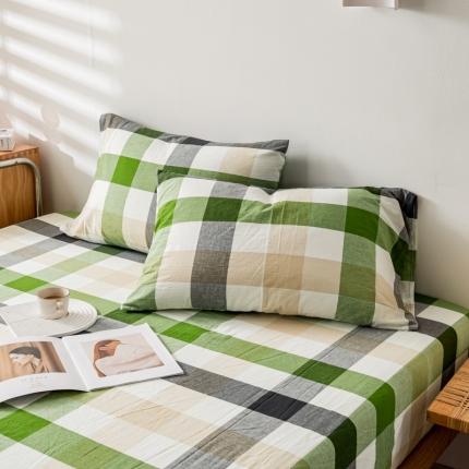 九沐良品 新款A类色织水洗棉四件套-单品枕套 海青鲜绿格