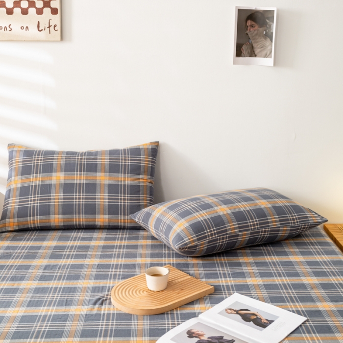 91家纺网 家纺一手货源 找家纺 九沐良品 新款A类色织水洗棉四件套-单品枕套 灰桔格