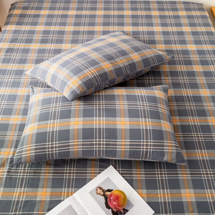 91家纺网 家纺一手货源 找家纺 九沐良品 新款A类色织水洗棉四件套-单品枕套 灰桔格