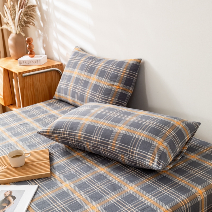 91家纺网 家纺一手货源 找家纺 九沐良品 新款A类色织水洗棉四件套-单品枕套 灰桔格