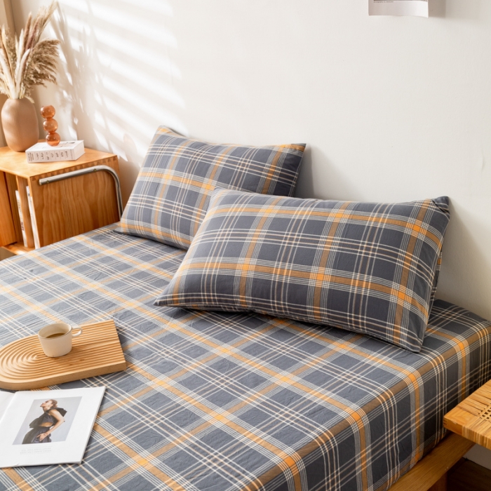 91家纺网 家纺一手货源 找家纺 九沐良品 新款A类色织水洗棉四件套-单品枕套 灰桔格