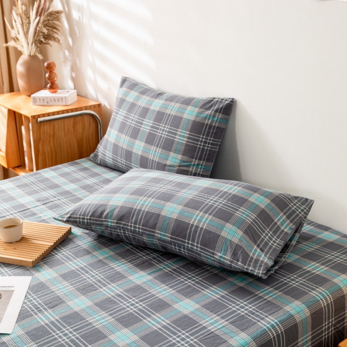 91家纺网 家纺一手货源 找家纺 九沐良品 新款A类色织水洗棉四件套-单品枕套 灰绿格