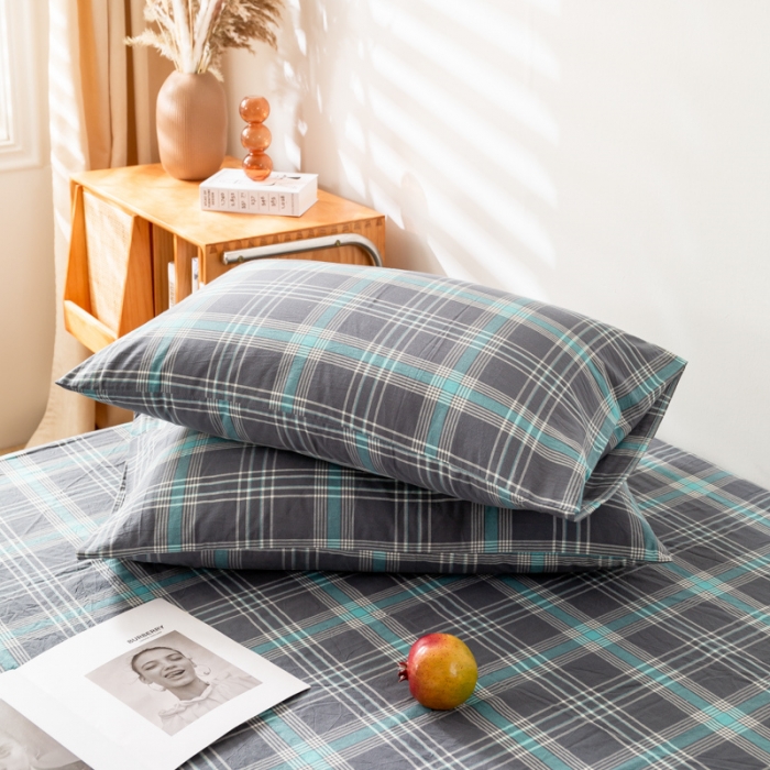 91家纺网 家纺一手货源 找家纺 九沐良品 新款A类色织水洗棉四件套-单品枕套 灰绿格