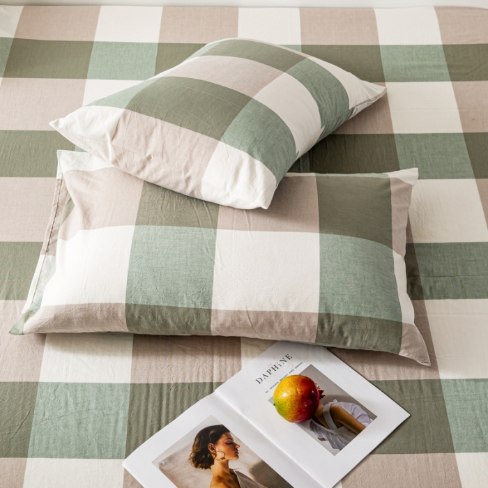 91家纺网 家纺一手货源 找家纺 九沐良品 新款A类色织水洗棉四件套-单品枕套 绿大格