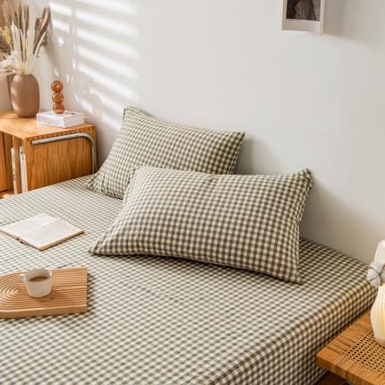 九沐良品 新款A类色织水洗棉四件套-单品枕套 绿小格