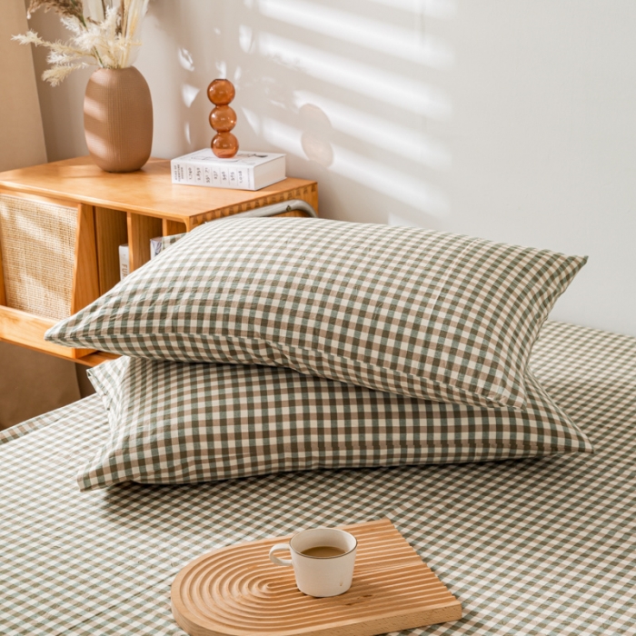 91家纺网 家纺一手货源 找家纺 九沐良品 新款A类色织水洗棉四件套-单品枕套 绿小格