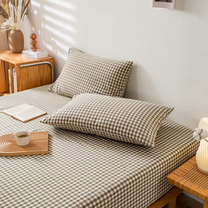 91家纺网 家纺一手货源 找家纺 九沐良品 新款A类色织水洗棉四件套-单品枕套 绿小格