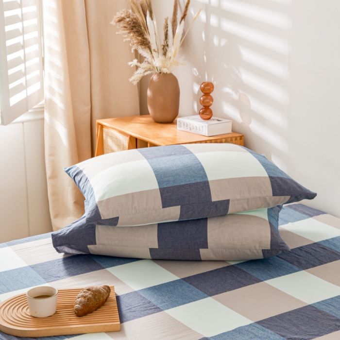 91家纺网 家纺一手货源 找家纺 九沐良品 新款A类色织水洗棉四件套-单品枕套 米粽丈青格