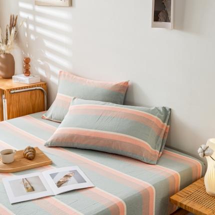 九沐良品 新款A类色织水洗棉四件套-单品枕套 嫩绿卡其条