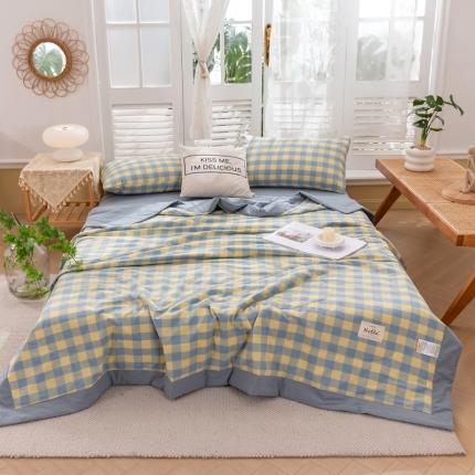 91家纺网 家纺一手货源 找家纺 简色坊 2023新款水洗棉夏被 蓝黄中格