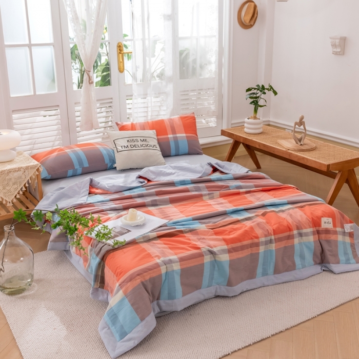 91家纺网 家纺一手货源 找家纺 简色坊 2023新款水洗棉夏被 橘大格