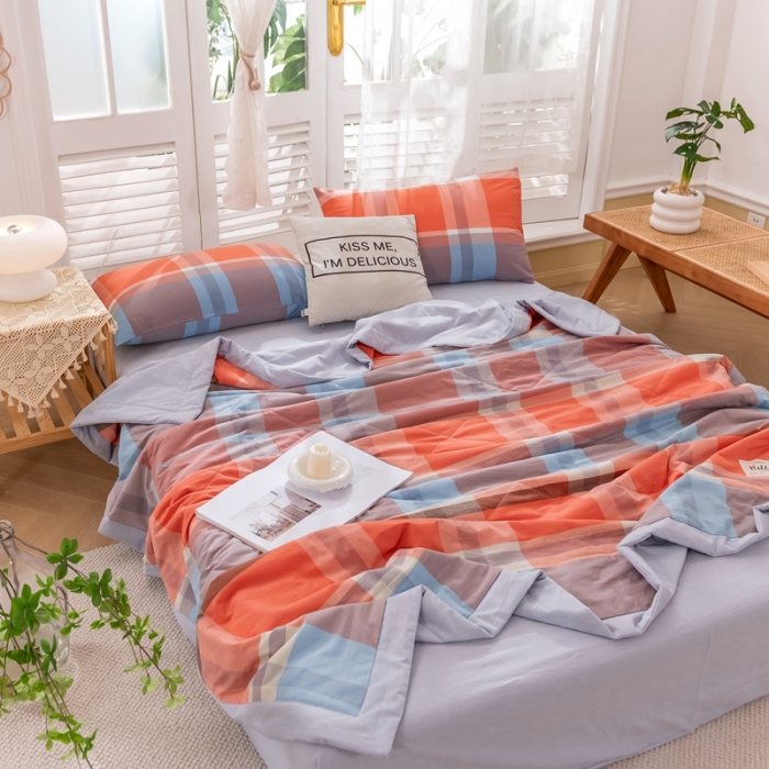 91家纺网 家纺一手货源 找家纺 简色坊 2023新款水洗棉夏被 橘大格