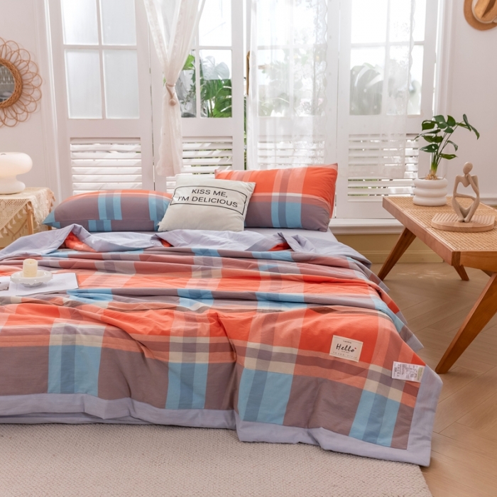 91家纺网 家纺一手货源 找家纺 简色坊 2023新款水洗棉夏被 橘大格