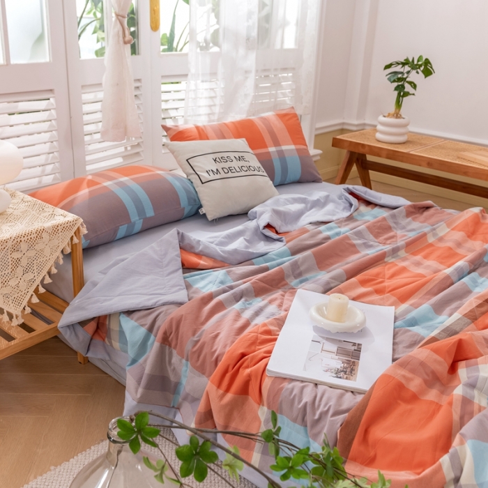 91家纺网 家纺一手货源 找家纺 简色坊 2023新款水洗棉夏被 橘大格