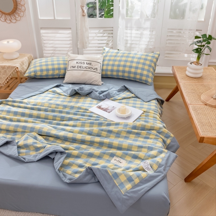 91家纺网 家纺一手货源 找家纺 简色坊 2023新款水洗棉夏被 蓝黄中格