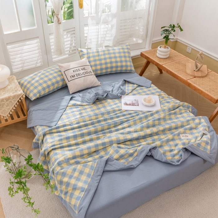 91家纺网 家纺一手货源 找家纺 简色坊 2023新款水洗棉夏被 蓝黄中格