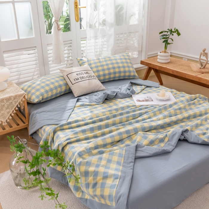 91家纺网 家纺一手货源 找家纺 简色坊 2023新款水洗棉夏被 蓝黄中格