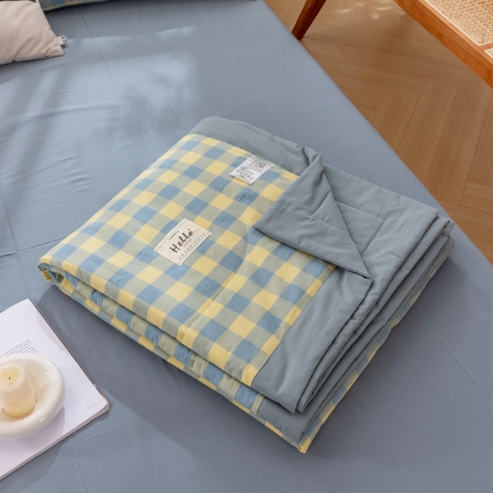 91家纺网 家纺一手货源 找家纺 简色坊 2023新款水洗棉夏被 蓝黄中格