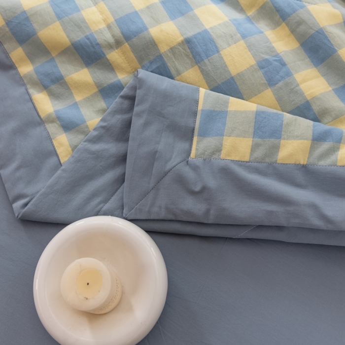 91家纺网 家纺一手货源 找家纺 简色坊 2023新款水洗棉夏被 蓝黄中格