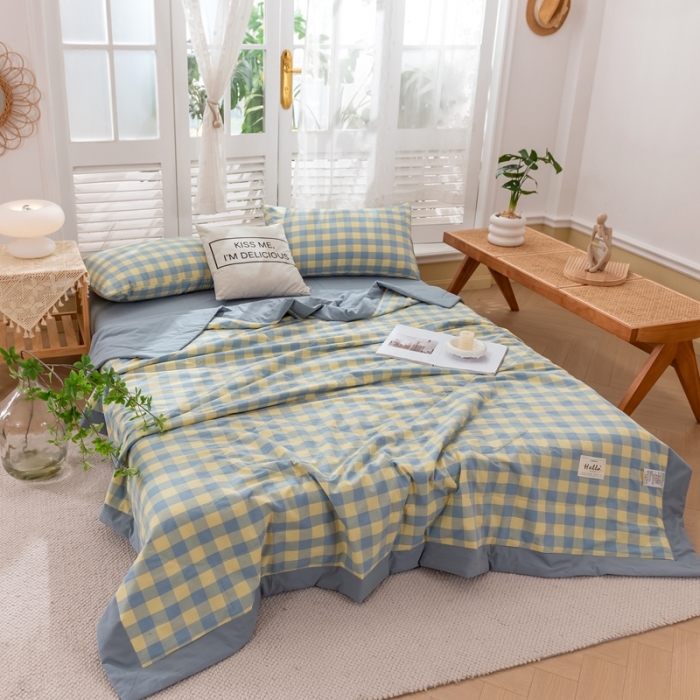 91家纺网 家纺一手货源 找家纺 简色坊 2023新款水洗棉夏被 蓝黄中格