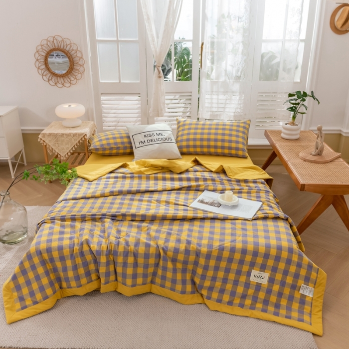 91家纺网 家纺一手货源 找家纺 简色坊 2023新款水洗棉夏被 紫黄中格