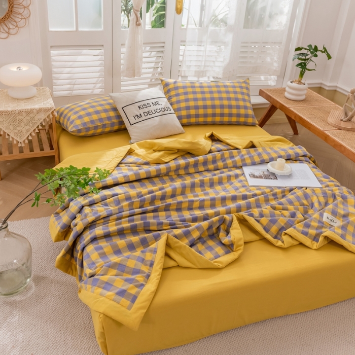 91家纺网 家纺一手货源 找家纺 简色坊 2023新款水洗棉夏被 紫黄中格