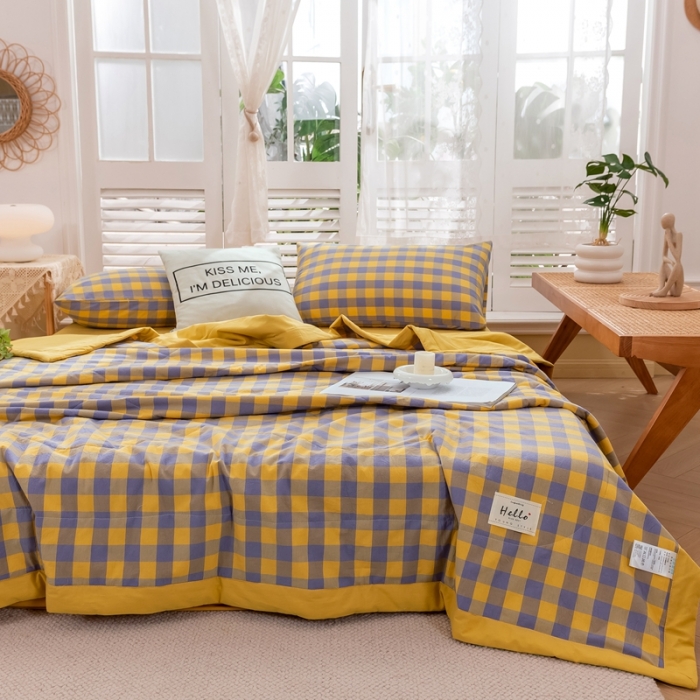 91家纺网 家纺一手货源 找家纺 简色坊 2023新款水洗棉夏被 紫黄中格