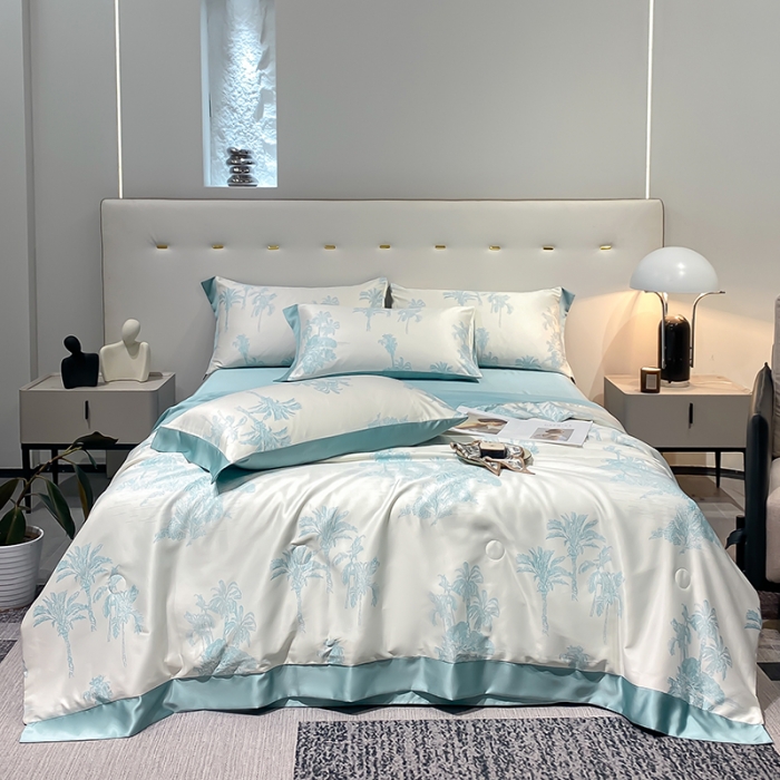 91家纺网 家纺一手货源 找家纺 澳梵家居 2023新款3M工艺雪莲天丝夏被四件套 薄荷岛