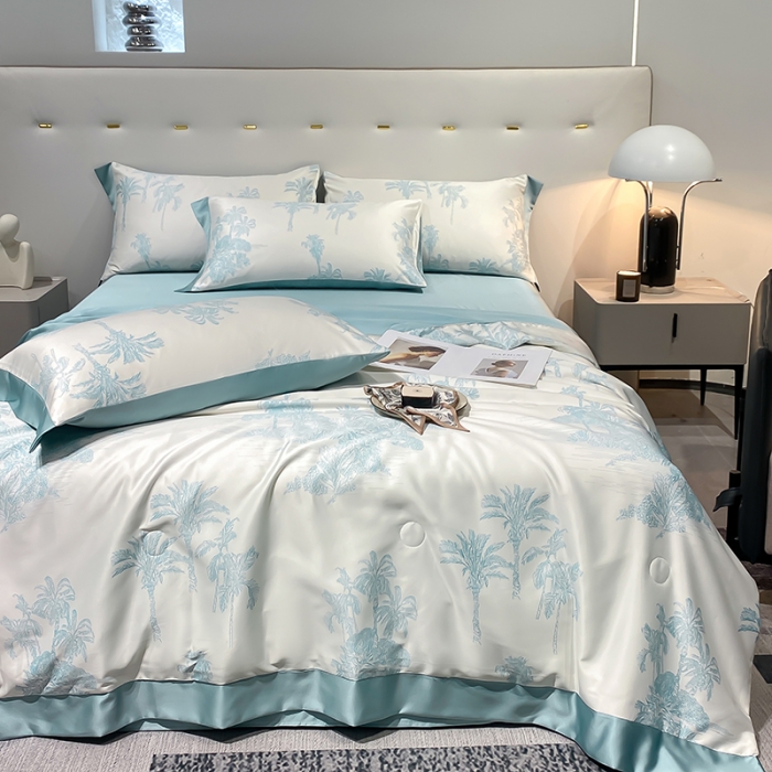 91家纺网 家纺一手货源 找家纺 澳梵家居 2023新款3M工艺雪莲天丝夏被四件套 薄荷岛