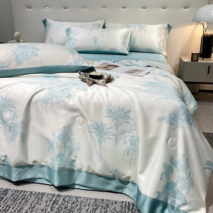 91家纺网 家纺一手货源 找家纺 澳梵家居 2023新款3M工艺雪莲天丝夏被四件套 薄荷岛