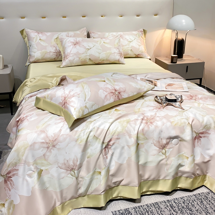 91家纺网 家纺一手货源 找家纺 澳梵家居 2023新款3M工艺雪莲天丝夏被四件套 夏花