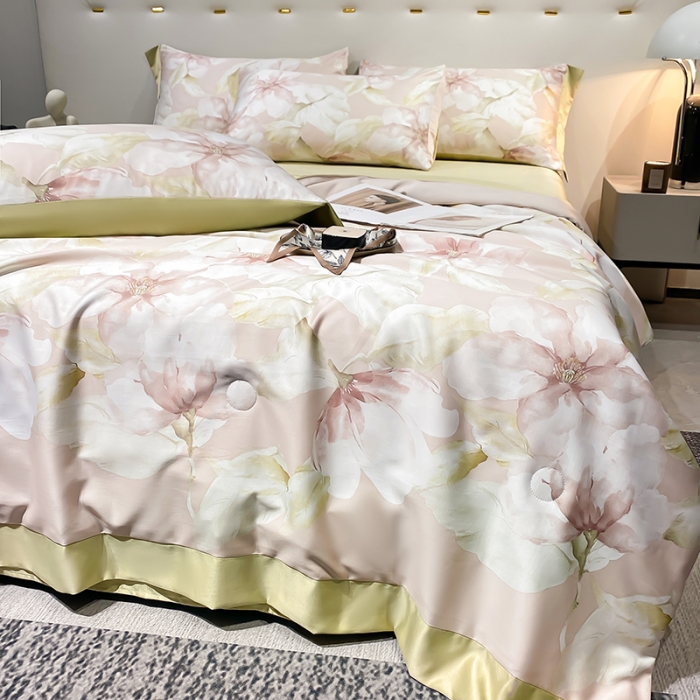 91家纺网 家纺一手货源 找家纺 澳梵家居 2023新款3M工艺雪莲天丝夏被四件套 夏花