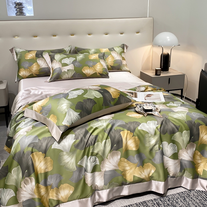 91家纺网 家纺一手货源 找家纺 澳梵家居 2023新款3M工艺雪莲天丝夏被四件套 银杏