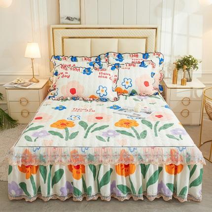 宜凡 2023新款四季款全棉夹棉床裙三件套 春意萌动