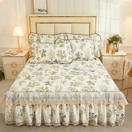 91家纺网 家纺一手货源 找家纺 宜凡 2023新款四季款全棉夹棉床裙三件套 丰收果实