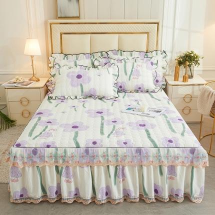 91家纺网 家纺一手货源 找家纺 宜凡 2023新款四季款全棉夹棉床裙三件套 花丛小兔