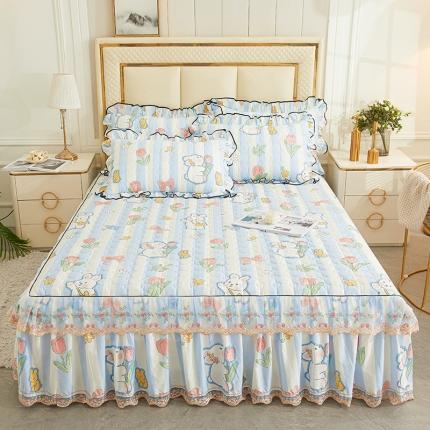 宜凡 2023新款四季款全棉夹棉床裙三件套 条纹兔兔