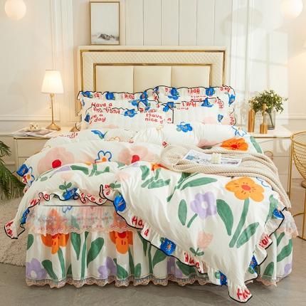 91家纺网 家纺一手货源 找家纺 宜凡 2023新款四季款全棉夹棉床裙四件套 春意萌动