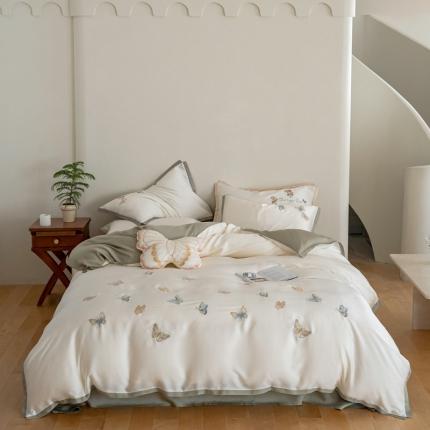 91家纺网 家纺一手货源 找家纺 FORTWO 2023新款 莱赛尔兰精天丝毛巾绣四件套 梦蝶