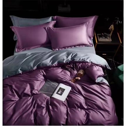 U品汇 60支长绒棉纯色双拼色纯棉全棉四件套床单被套 葡萄紫+烟灰